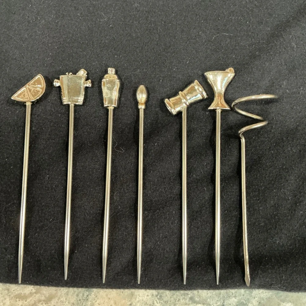 Cocktail Picks 7pc Set 4in Silver Metal Barware Garnish Skewers